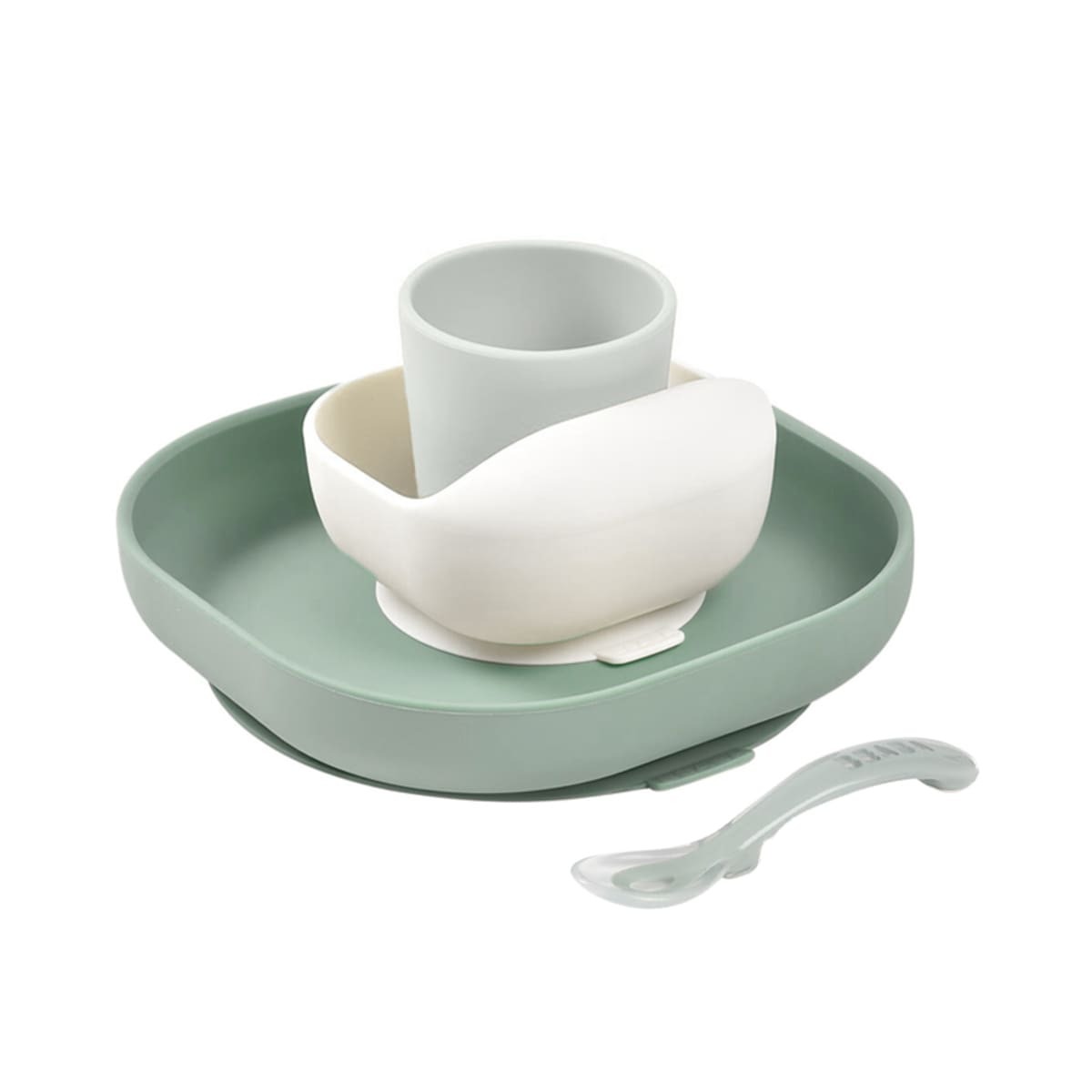 BEABA Набор посуды: 2 тарелки, стакан, ложка SET SILIC 4PCS SAGE GREEN